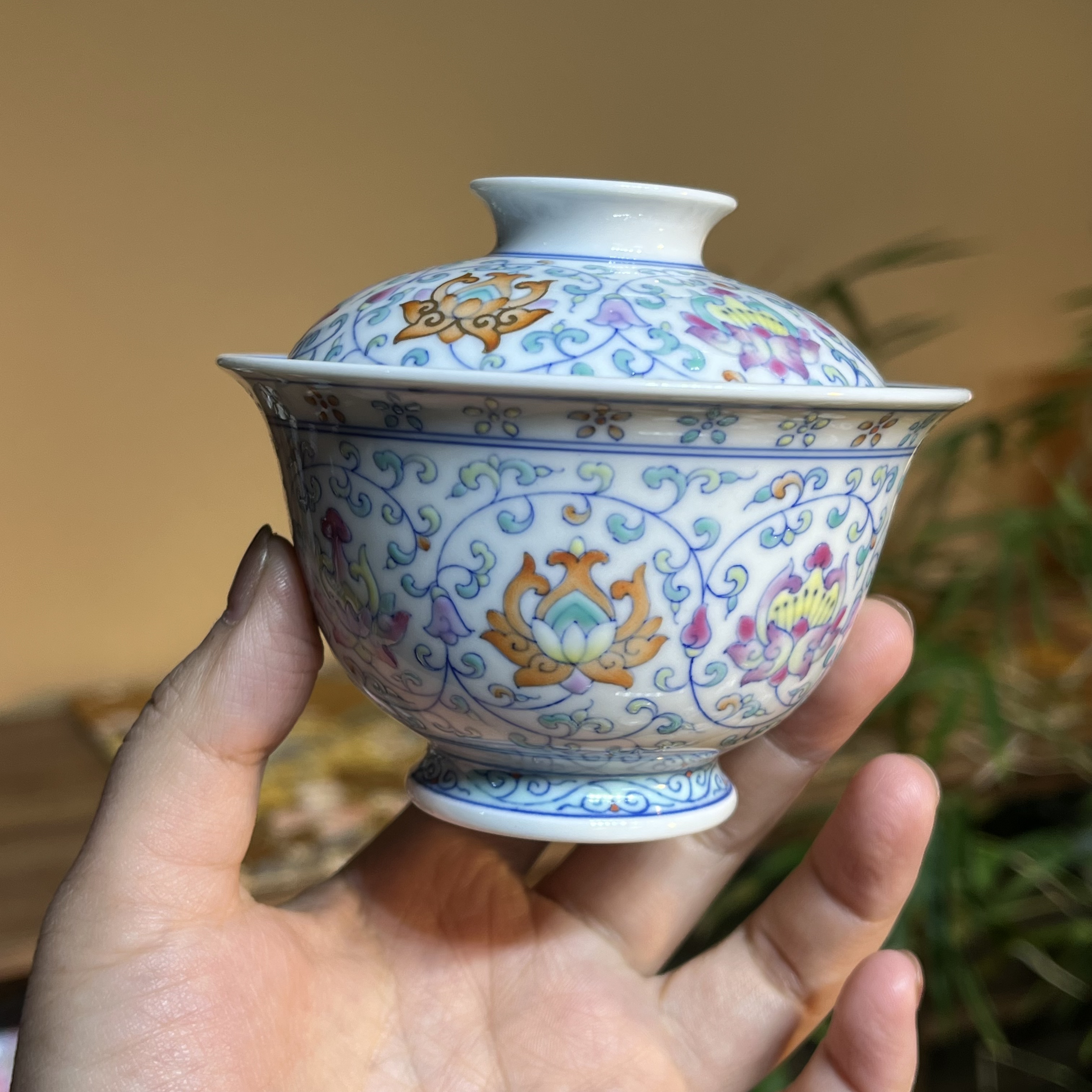 景德镇陶瓷茶具手绘青花斗彩缠枝莲盖碗 高档描金手工茶器