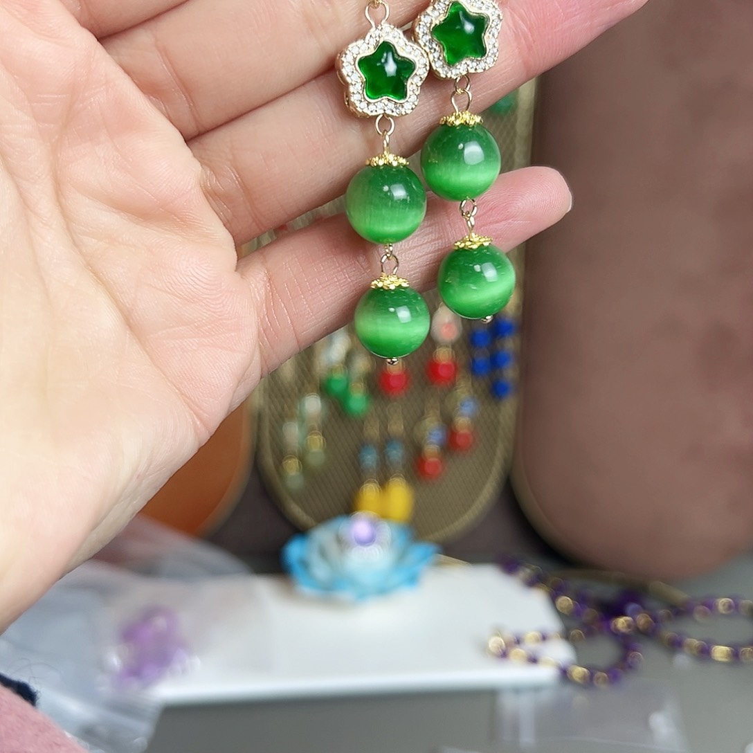 银S925镶嵌耳钉玛瑙/玉髓绿色