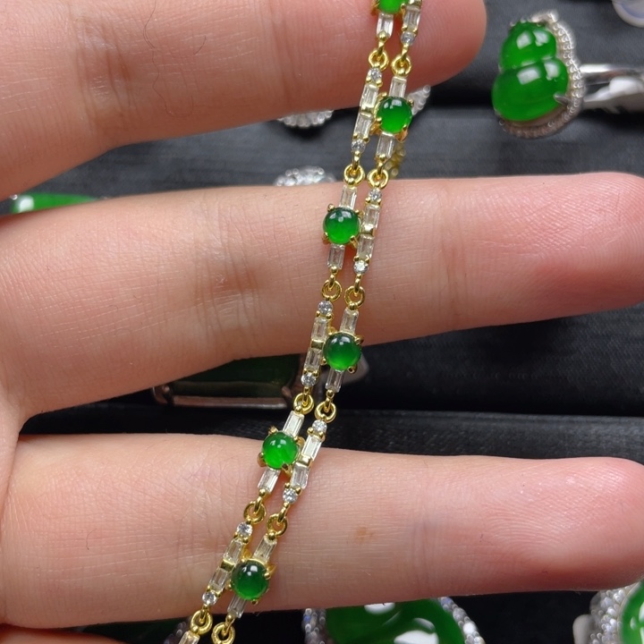 翡翠手链银S925镀金镶嵌手链