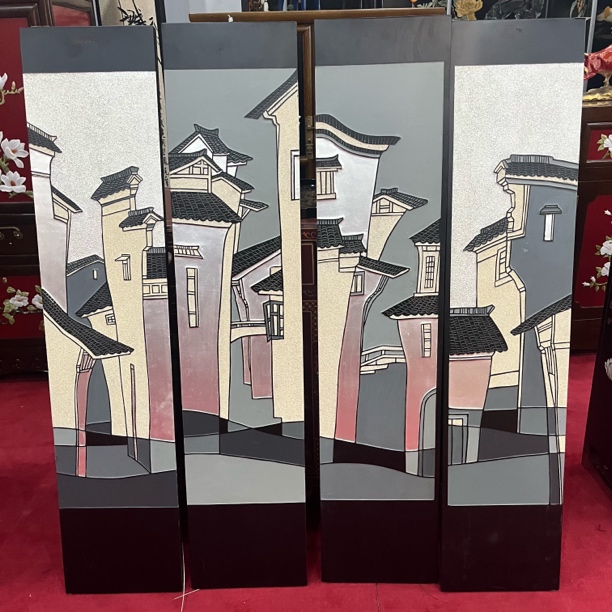 扬州漆器刻漆银箔四条屏（清仓款）