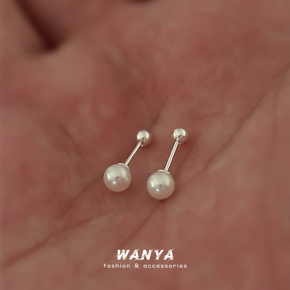 5mm正圆小灯泡天然淡水珍珠耳钉女S999纯银耳环拧螺丝防丢耳饰