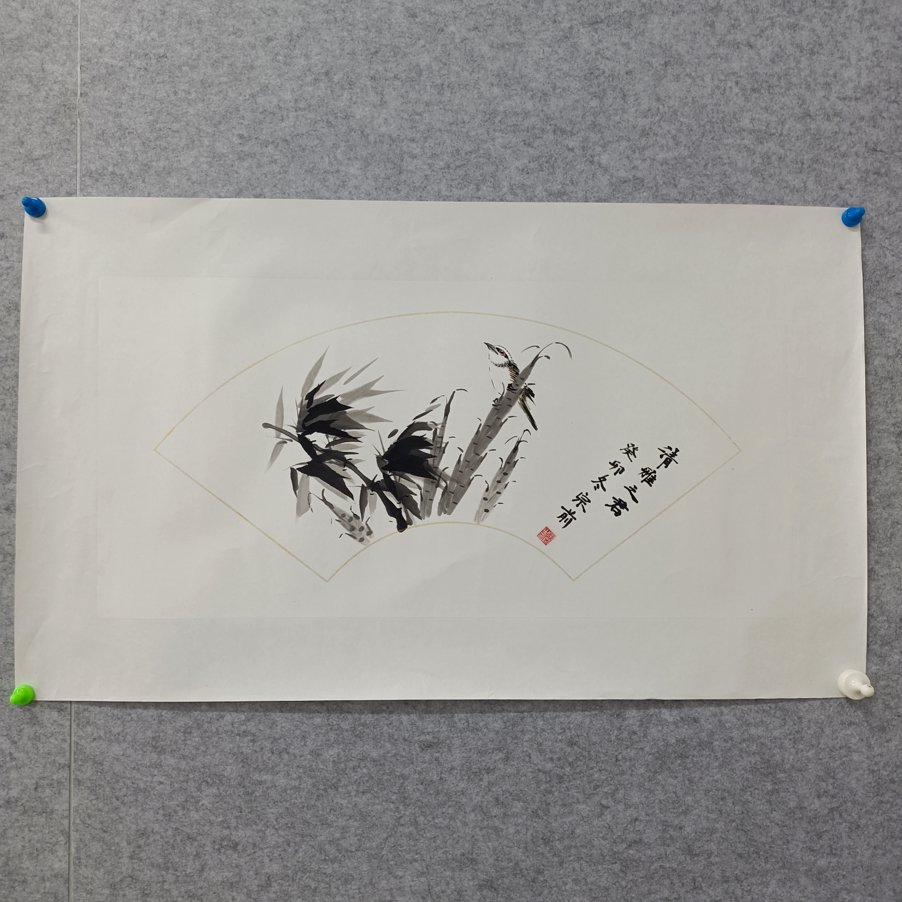 梁老师纯手绘写意花鸟70.34扇面《清雅之君》兰花 小尺寸 横幅 托底