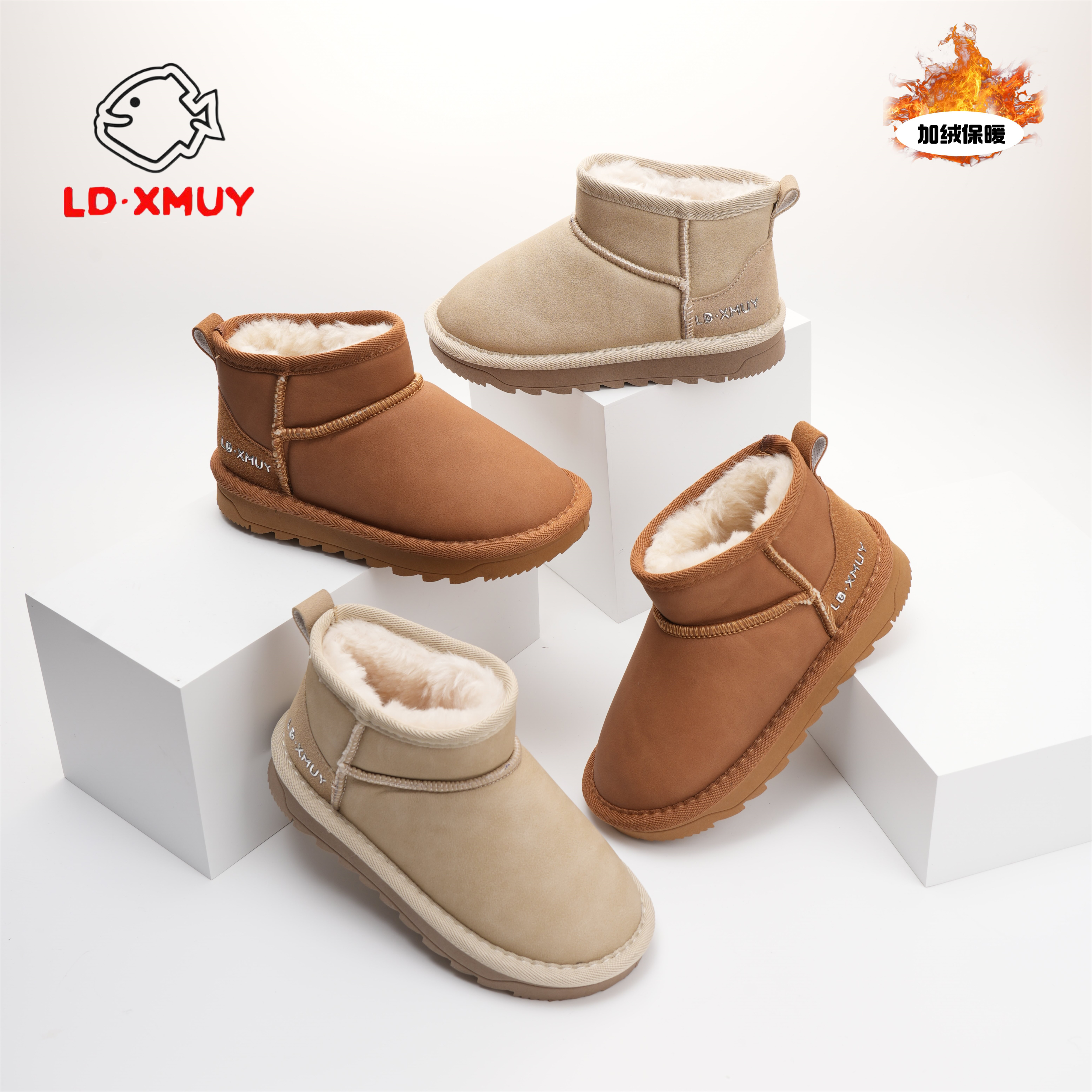 2025冬季女童新款加绒加厚女童宝宝短靴软底保暖儿童男雪地靴