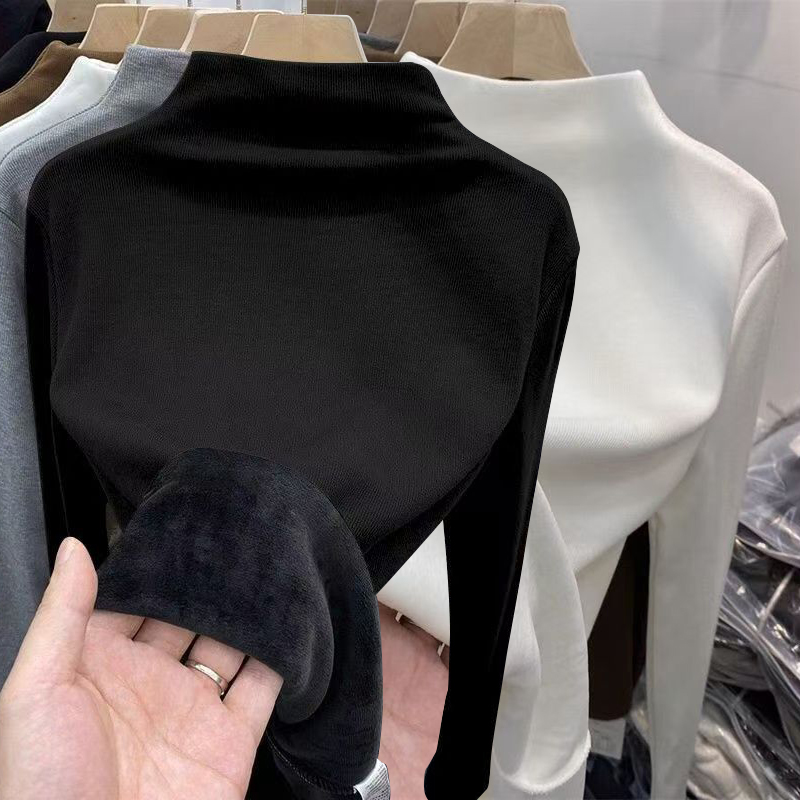 新款秋冬季加绒加厚半高领洋气打底衫女士保暖内搭修身保暖上衣