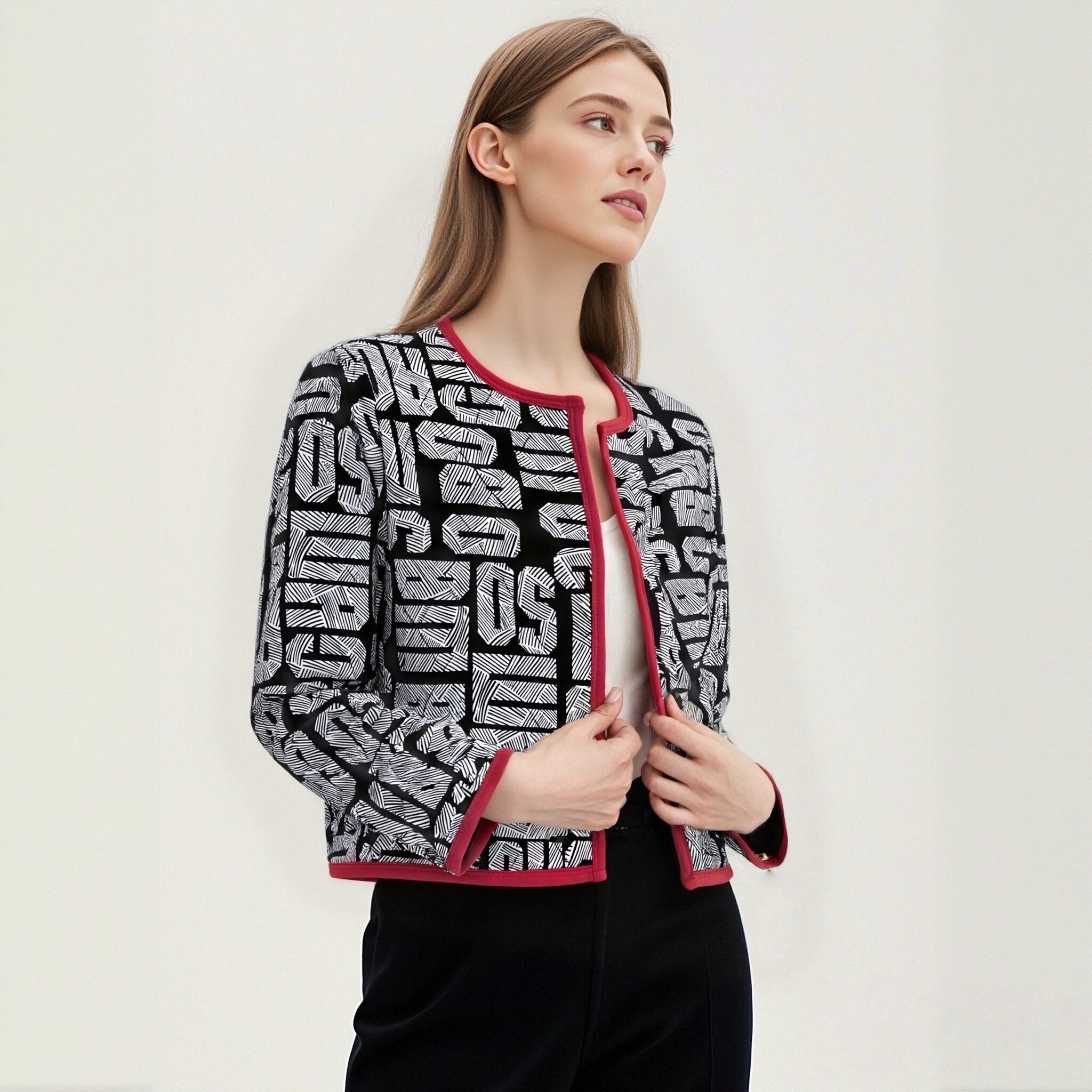 02365女士绗缝短外套菱形格字母款轻薄长袖开衫无扣短外套