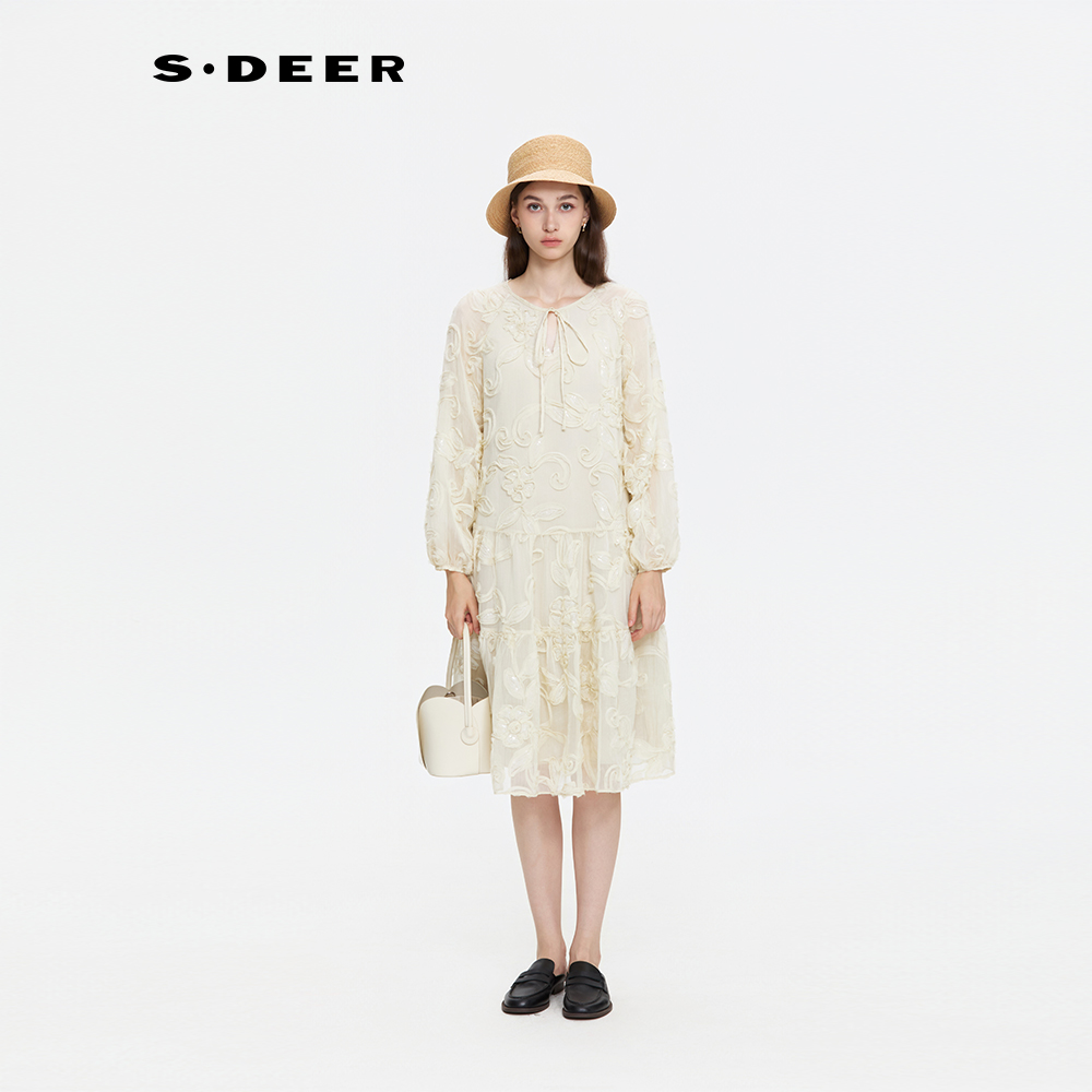 【粉丝专享】圣迪奥秋季提花气质米白色优雅高腰连衣裙S253Z1259