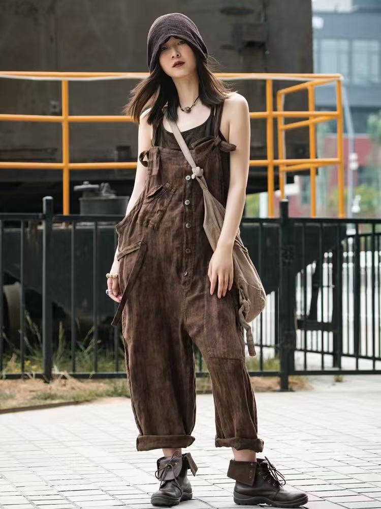 麻衣者夏款亚麻植物染背带裤做旧