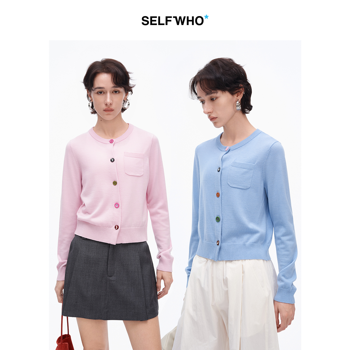 SELFWHO羊毛混纺撞色纽扣针织开衫女2025春新款宽松圆领薄款毛衣