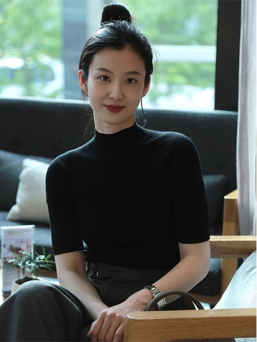 100%莱赛尔天丝女半高领短袖夏季百搭修身纯色针织衫气质中袖