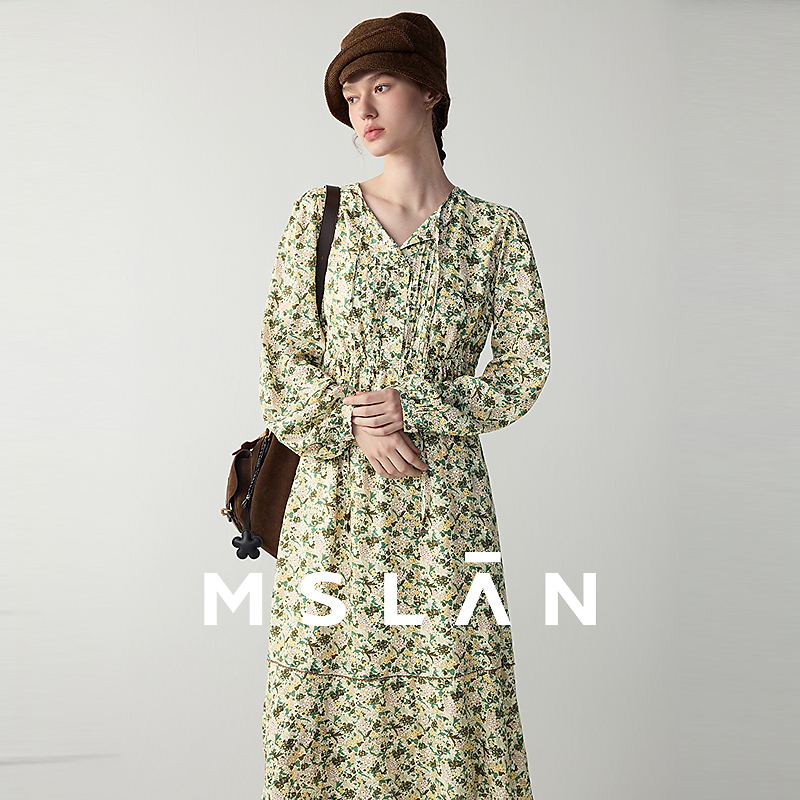 MSLANMSLAN【商场同款】春季新款民俗塔克装饰系带连衣裙MGAT348