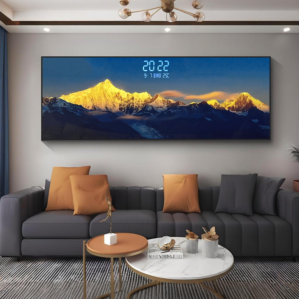 轻奢日照金山客厅沙发背景墙电子时钟装饰画大气风景画金山70200