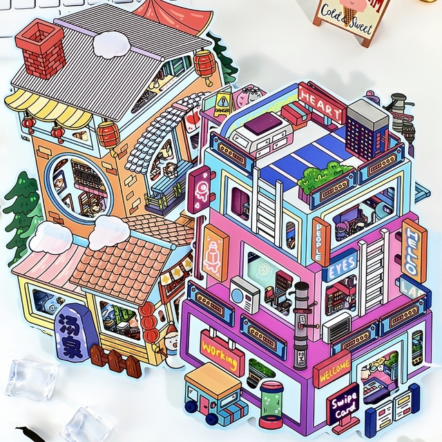 森游造景贴纸超大版4.0大号立体小屋收纳冬日汤泉微缩场景diy贴画