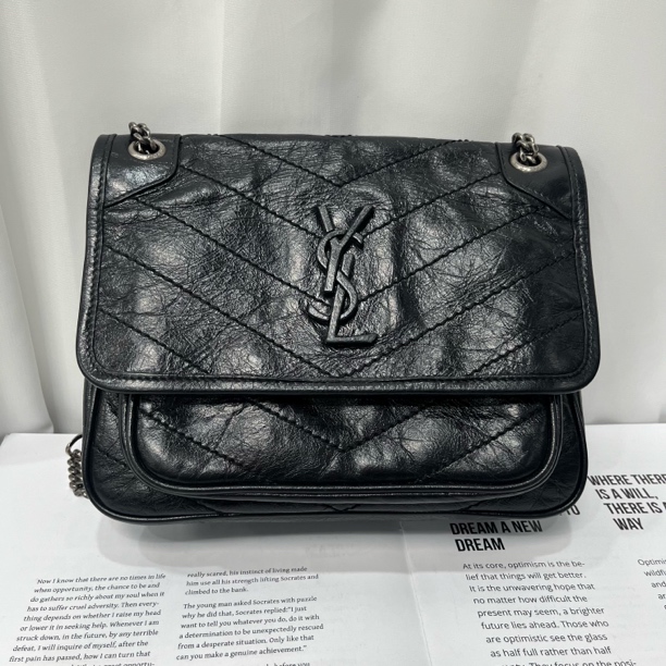 99新 YSL/圣罗兰 YSL圣罗兰 Niki 黑银油蜡皮做旧 小号 D扣