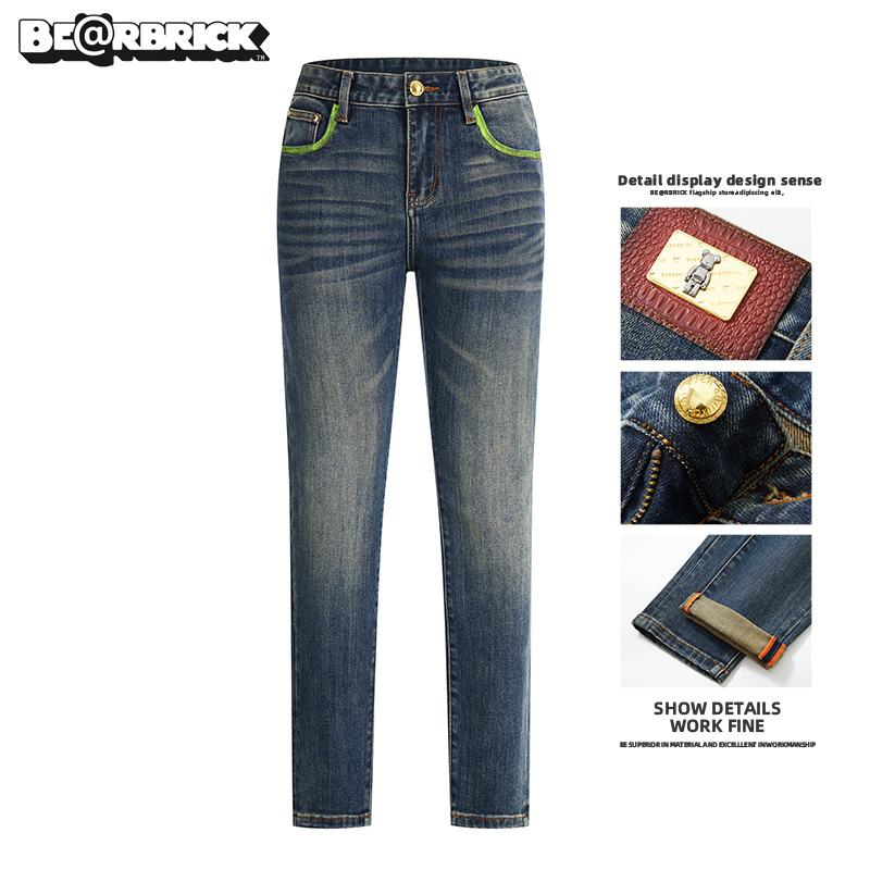 积木熊Be@rbrick【明星同款】人工手绘牛仔裤男生潮流秋冬款修身裤