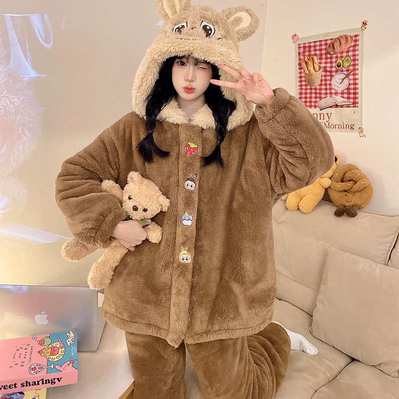 珊瑚绒睡衣女款秋冬季加厚加绒连帽2025新款卡通拉布布冬天家居服