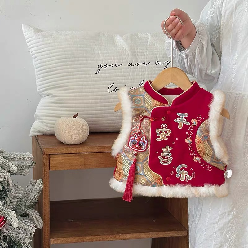 男女宝宝过年服唐装马甲加绒加厚婴儿新年装汉服国风周岁保暖背心