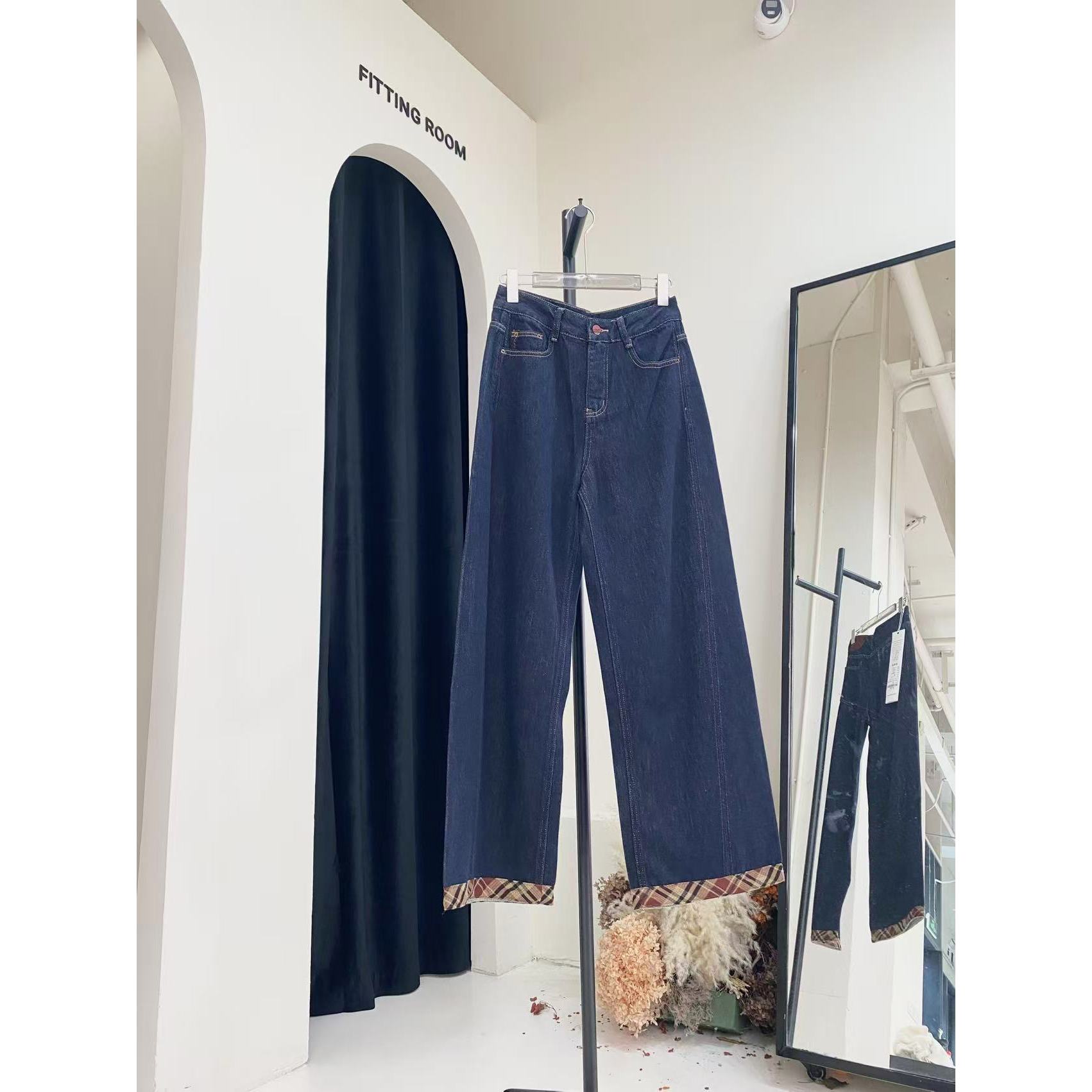 【M。C米尺】红色格纹裤脚阔腿加绒牛仔裤33262