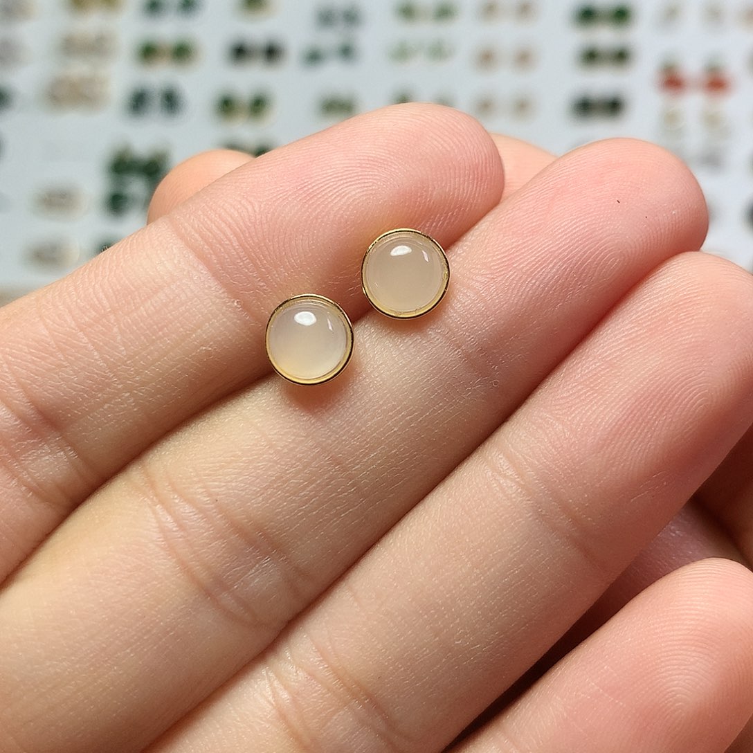 银S925镀金镶嵌和田玉（白玉）耳饰