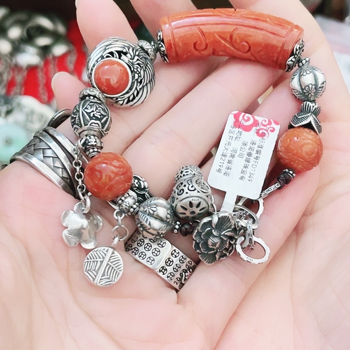 火***V925银凤凰牡丹弯管手链