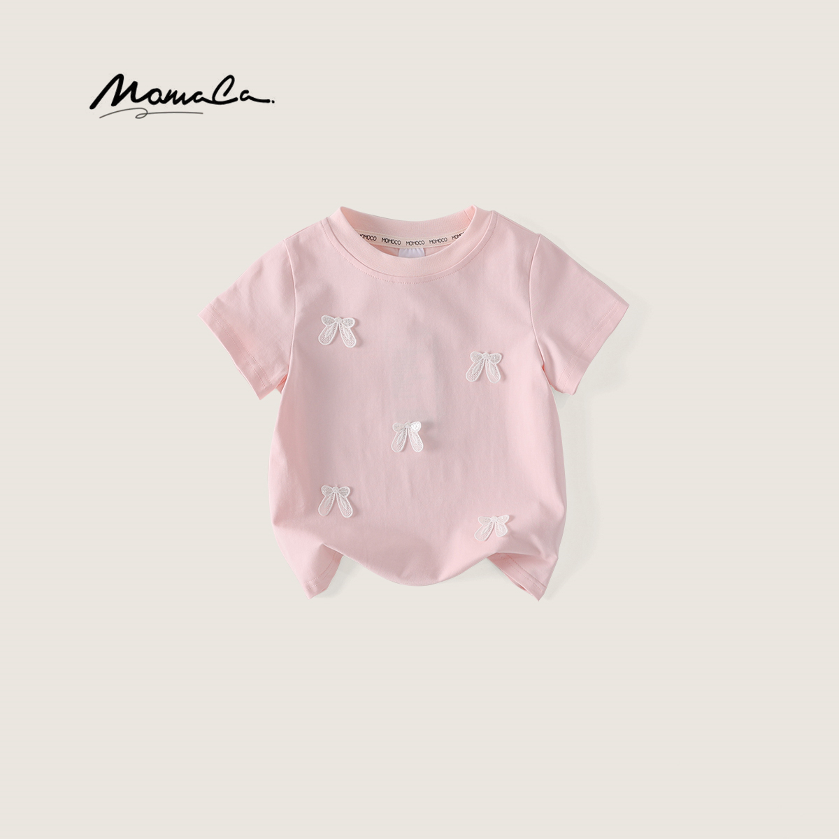 MOMOCO女童夏季欧若风新款蝴蝶结时尚纯色T恤77630235016