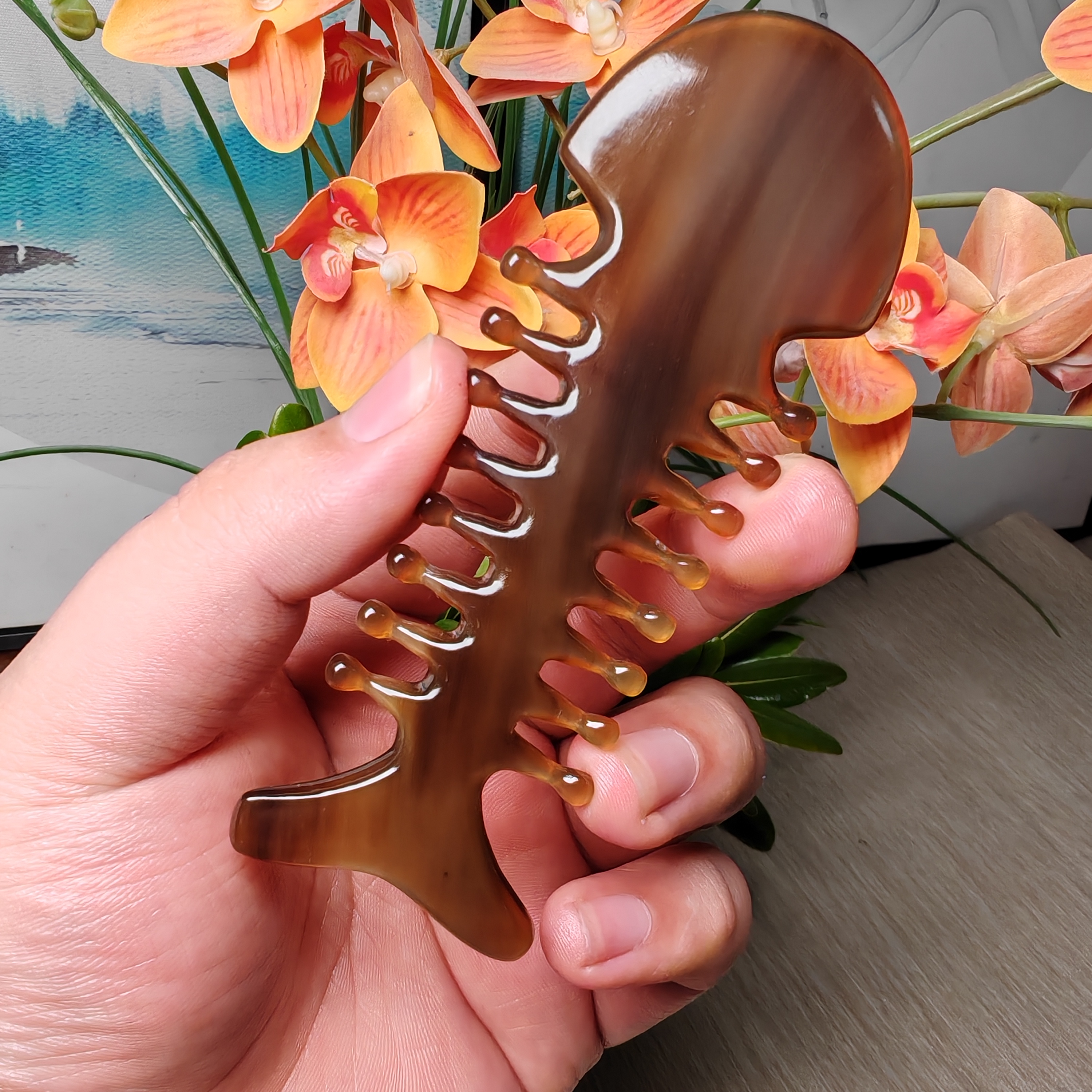 板娘专享  白水牛角黑金刚鱼骨元灸齿真牛角按摩梳-274