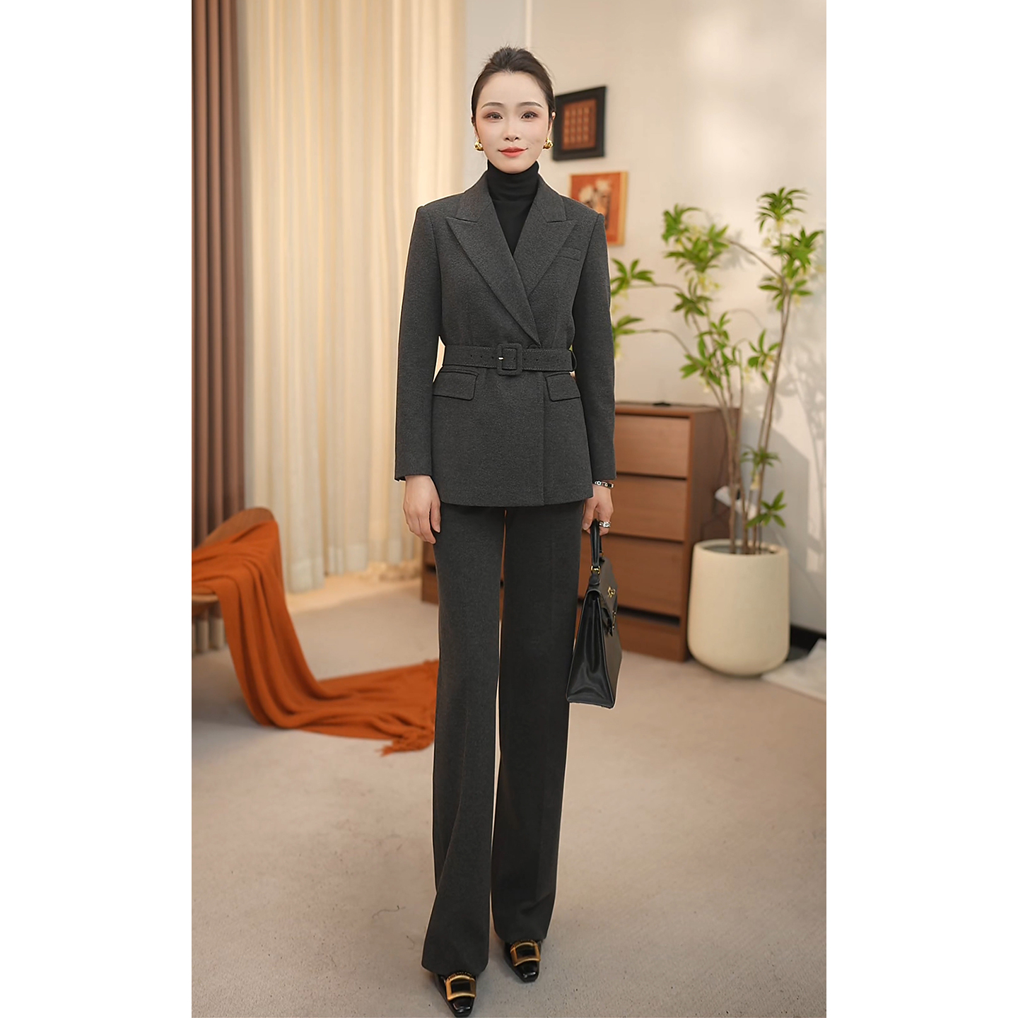 晚晚新款灰色西装套装气质时尚修身显瘦女神通勤穿搭