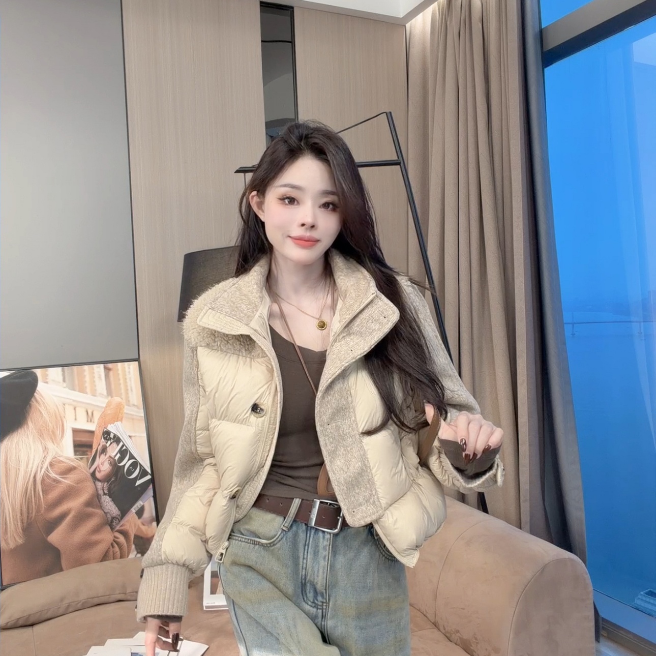 【晓溪服饰】冬季短款小个子外套时尚立领拼接白鸭绒羽绒服6678