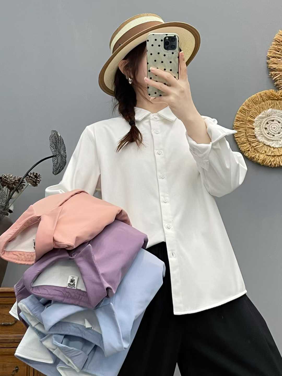 86563加绒纯棉磨毛衬衫女秋冬季新款长袖宽松保暖打底叠穿衬衣