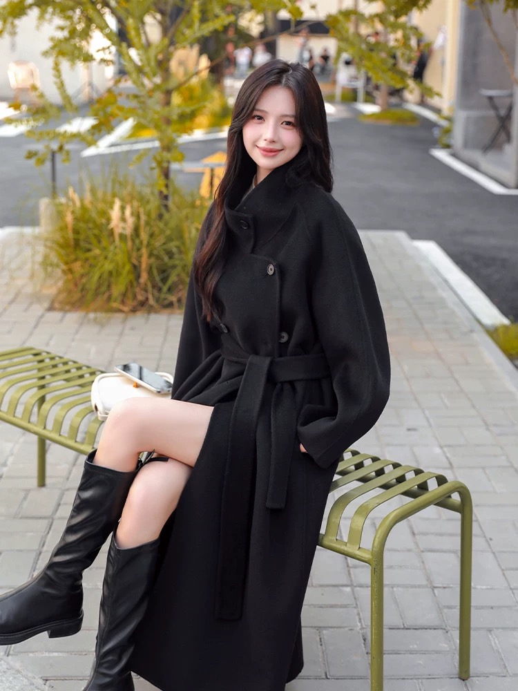 松弛感立领子双面羊绒大衣韩系时尚气质