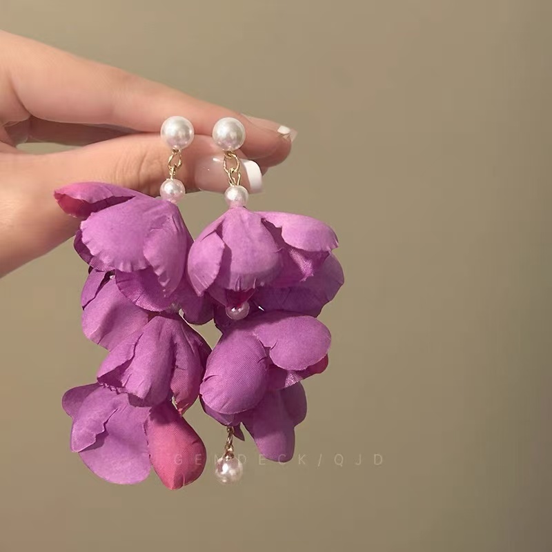 非金属布艺耳饰 高级感紫色花瓣耳钉女甜美度假风雪纺花朵耳饰