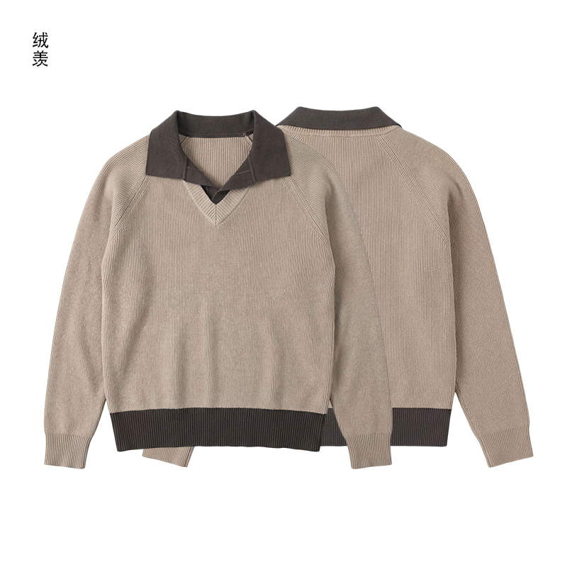 秋冬新款老钱风假两件针织衫男款韩系polo领针织衫慵懒松弛风毛衣