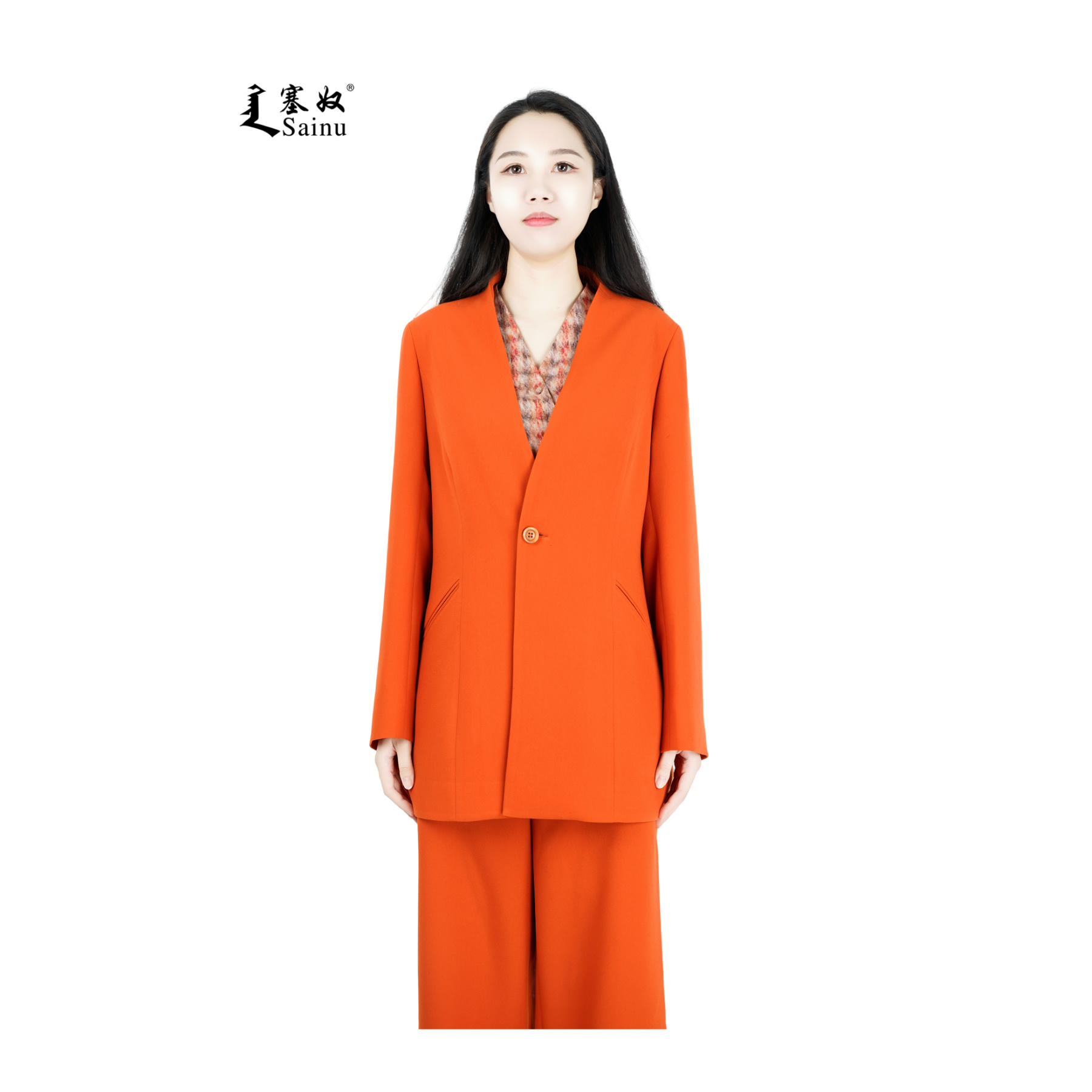 塞奴【定制】春游出行时尚百搭宽松双丝V领橙色职场西服中长款外套