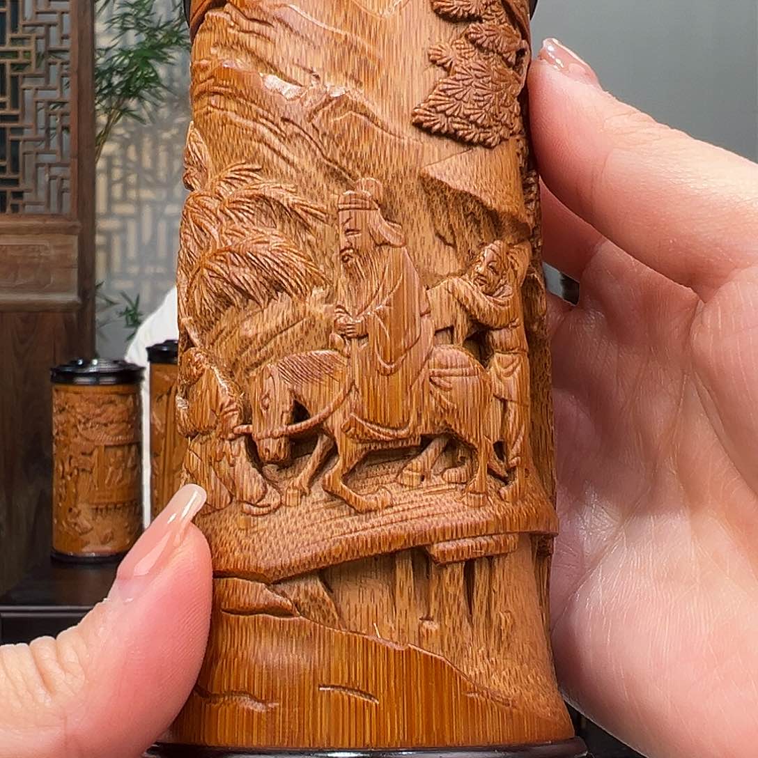 竹竹雕行旅图茶叶罐