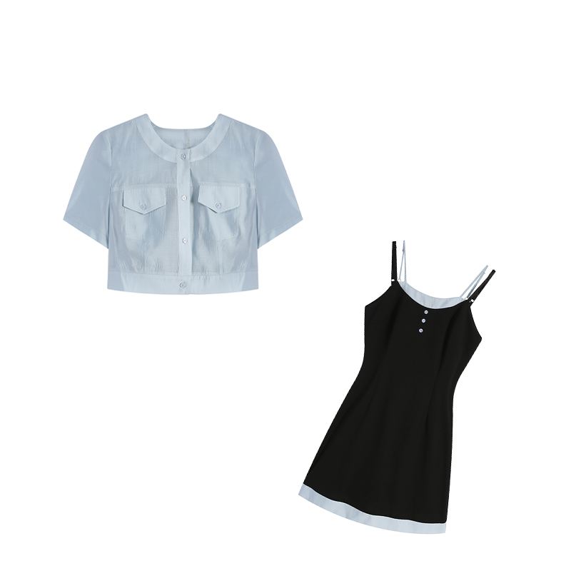 蓝色上衣+黑色吊带裙两件套ZL107536