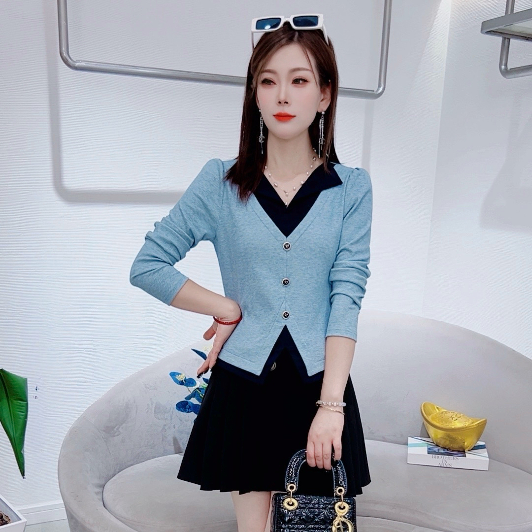 A8859女士T恤秋季新款时尚减龄假两件百搭显瘦洋气上衣