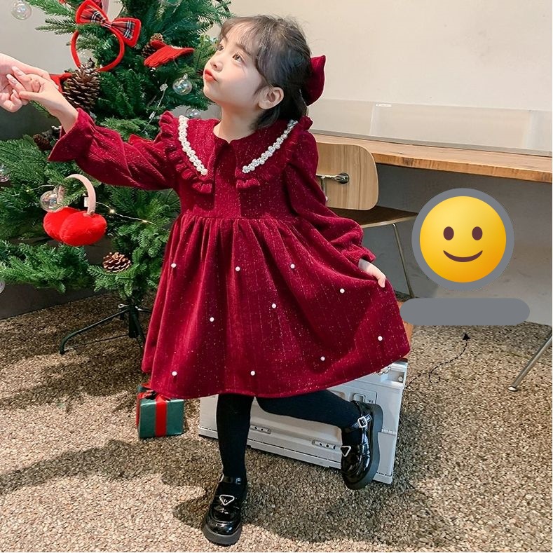 女宝宝秋冬季加绒加厚红色翻领珍珠连衣裙2024新款中大童洋气年D