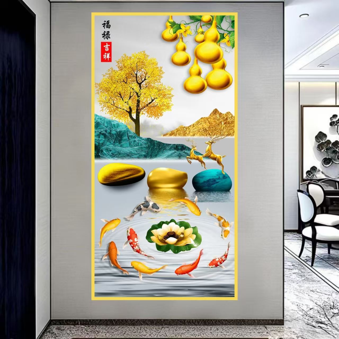 大气轻奢九鱼麋鹿玄关装饰画入户走廊过道高档竖版壁画制造14