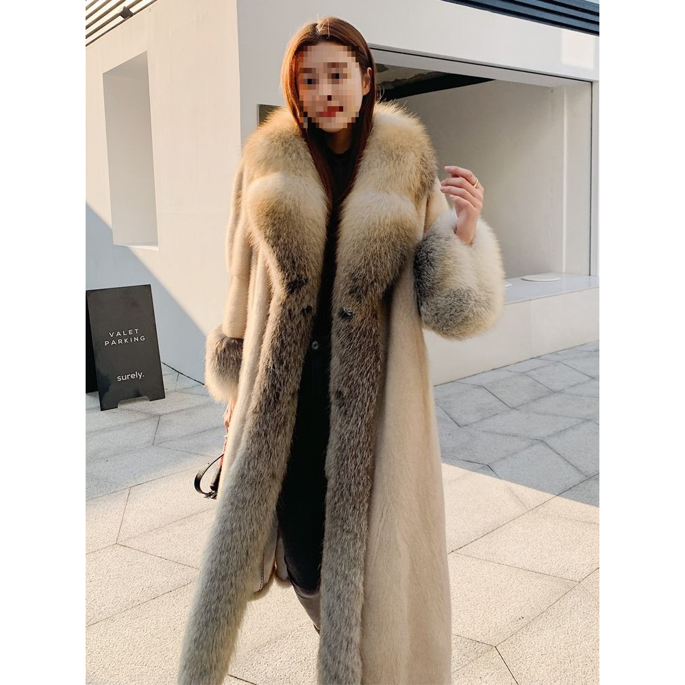 貂皮大衣女整貂长款过膝狐狸毛领时尚进口天鹅绒水貂皮草海宁