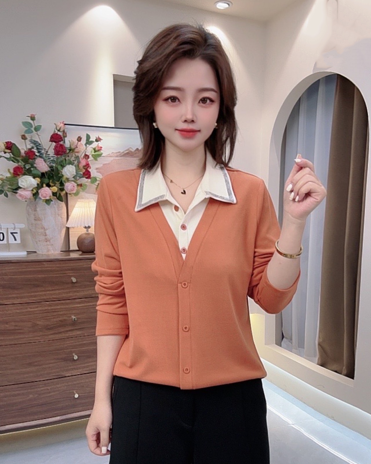 秋季长袖女秋冬拼接翻领烫钻衬衫上衣女装春秋时尚打底绒衫衬衣