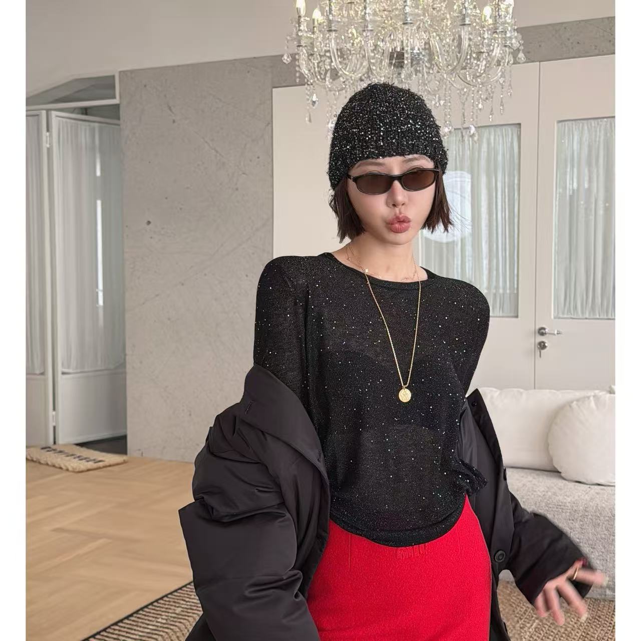 【LULU】‘’流光星辰‘’小亮片长袖针织上衣光感珠片羊毛衫 SWT12827