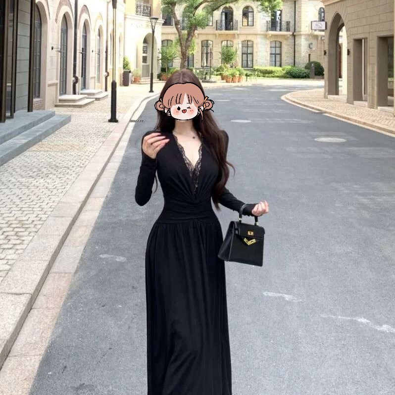 琳琳家法式复古蕾丝V领收腰显瘦长袖包臀气质连衣裙