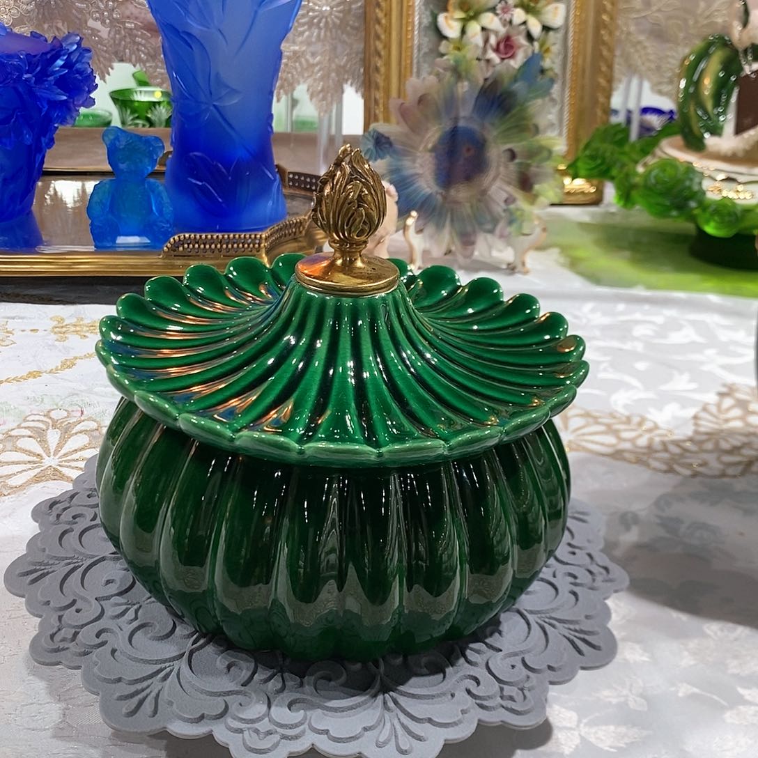 摆件F3267铜配瓷祖母绿南瓜盖盒