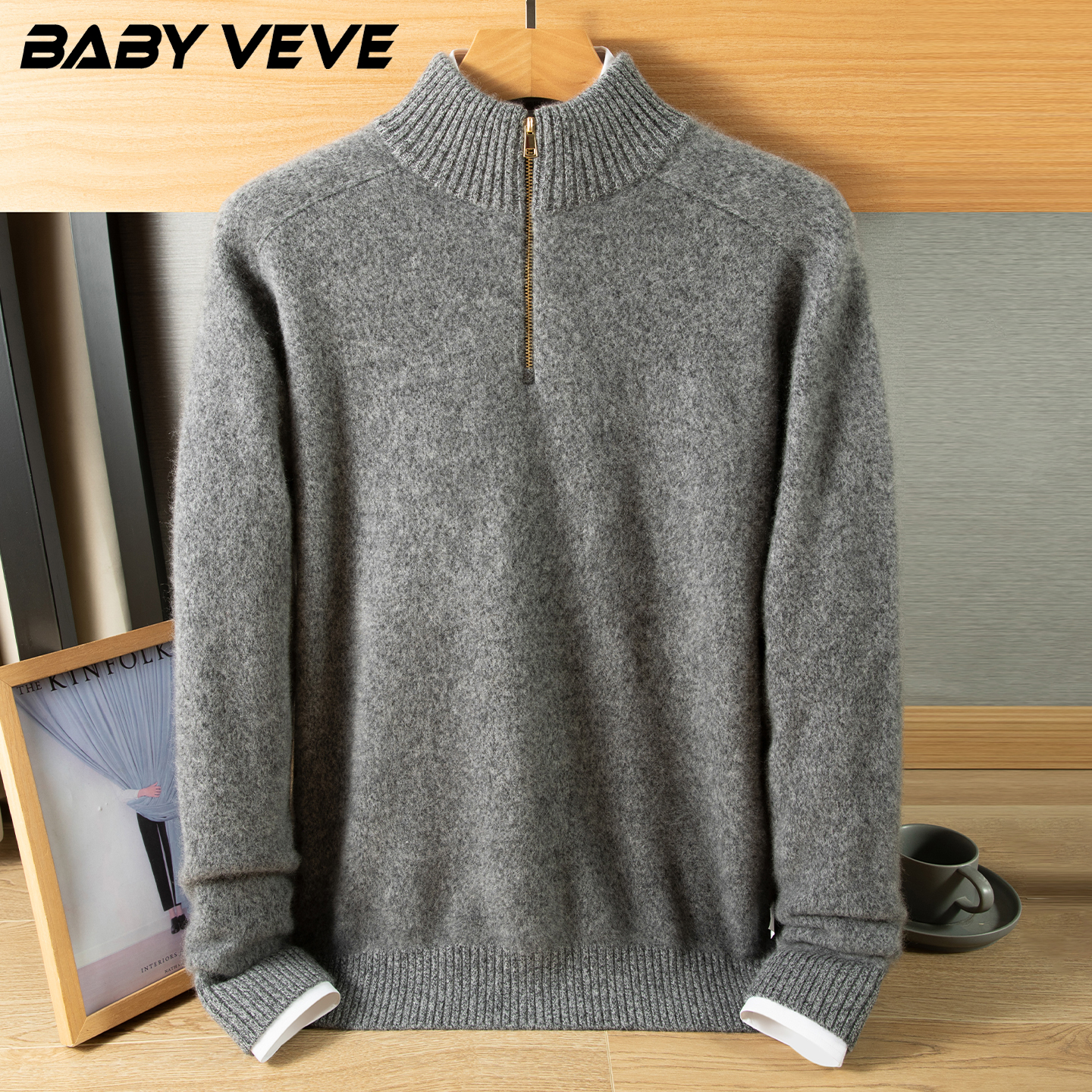 100纯羊绒衫男半高拉链领加厚毛衣中青年冬季时尚宽松针织打底衫