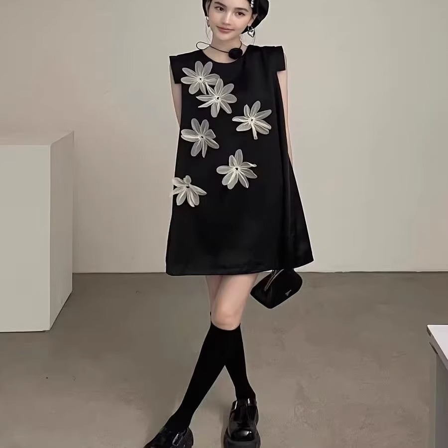 高品质大版立体花朵气质连衣裙女新款淑女无袖名媛女神范高级感裙