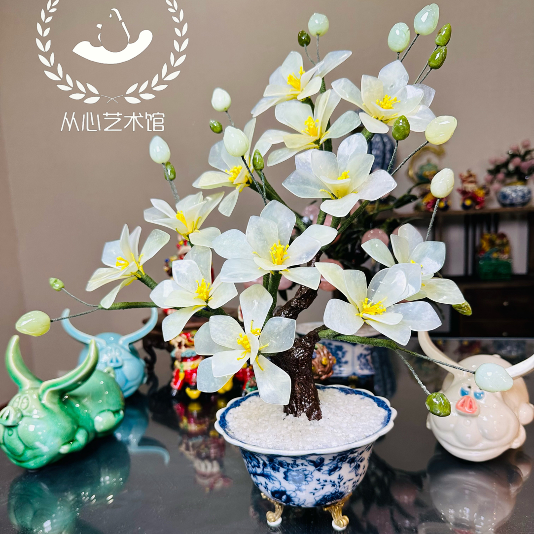 天然玉石盆栽茶花客厅玄关酒柜创意装饰玉器摆件