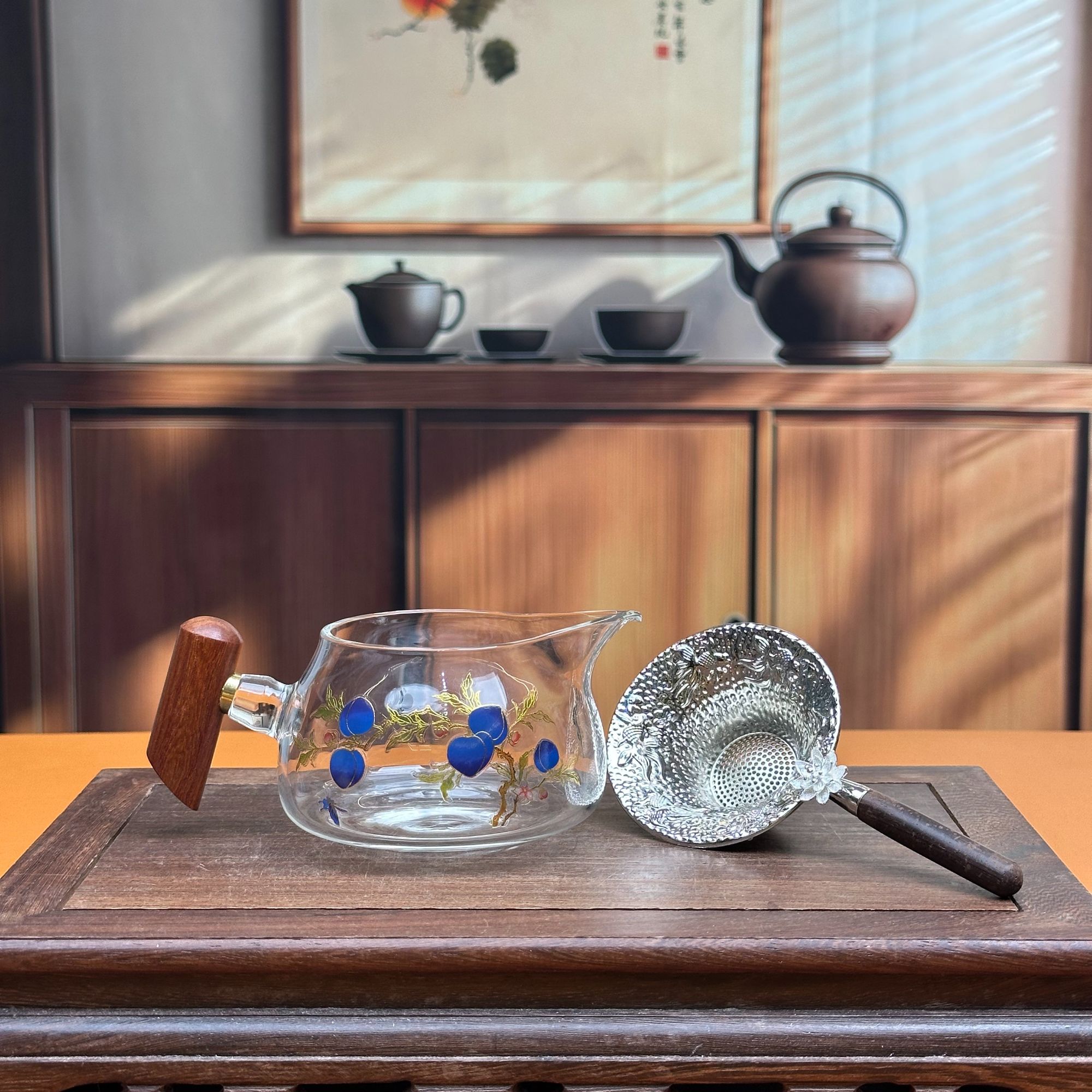 ZHTJ456-镀银茶漏AB【单品包邮偏远除外】+玻璃九桃变色公道杯分茶