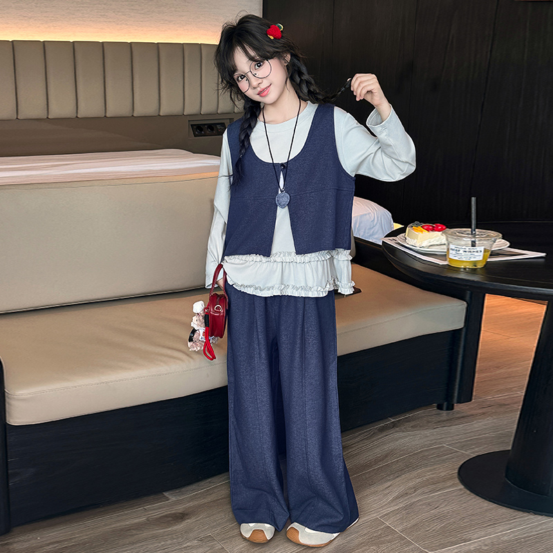 女童秋装牛仔三件套2025新款6-15岁儿童洋气韩版宽松中大童高级感