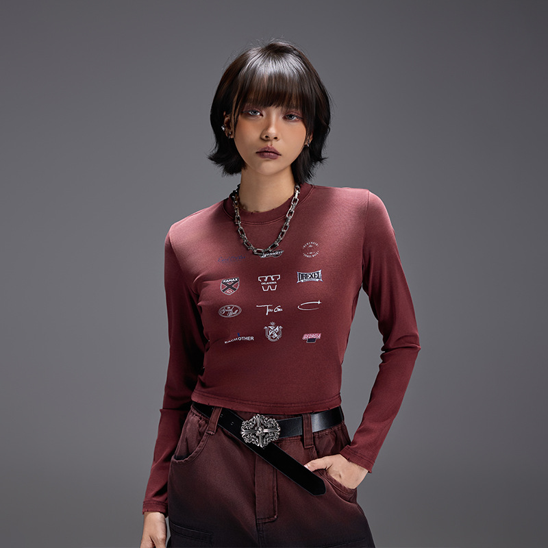 美式紧身辣妹短款长袖T恤女早秋做旧显瘦跳舞内搭打底衫Q52272