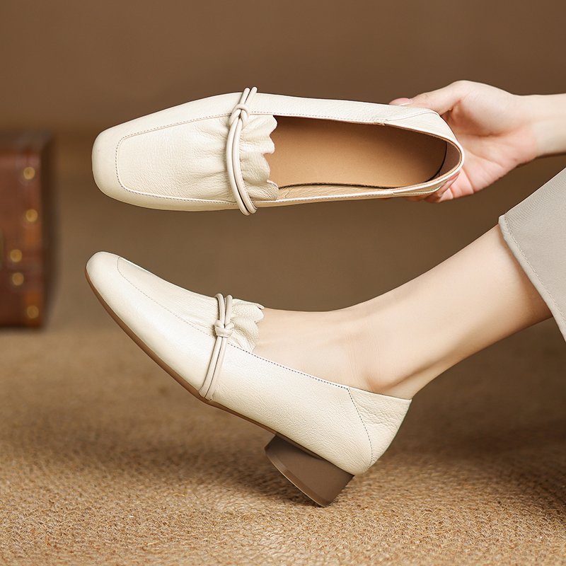 羊皮/3cm低帮纯色浅口英伦风中跟软底秋季奶奶鞋春秋低跟复古单鞋