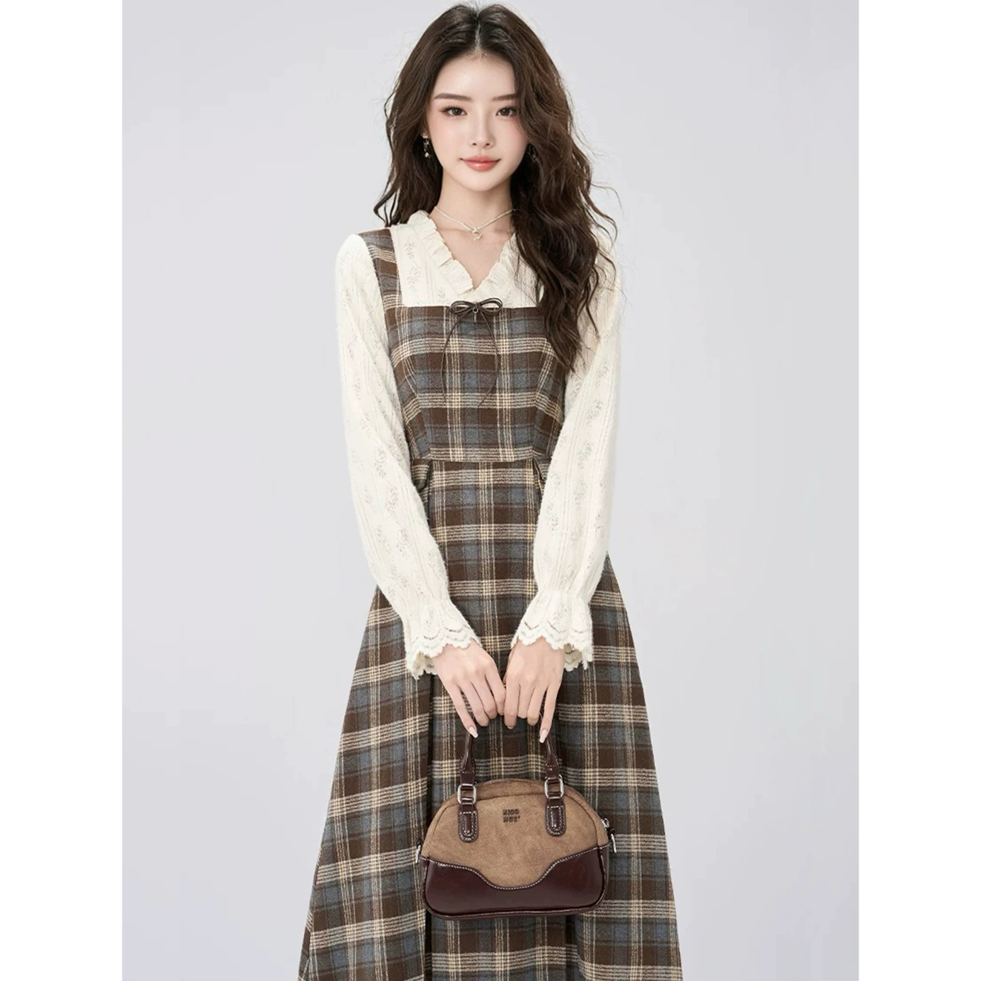 （80-200斤）法式复古假两件格纹连衣裙秋冬新款收腰显瘦连衣裙2058